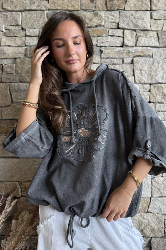 Rustic Nature Linen Blend Hippie Shake Hoodie Washed Charcoal